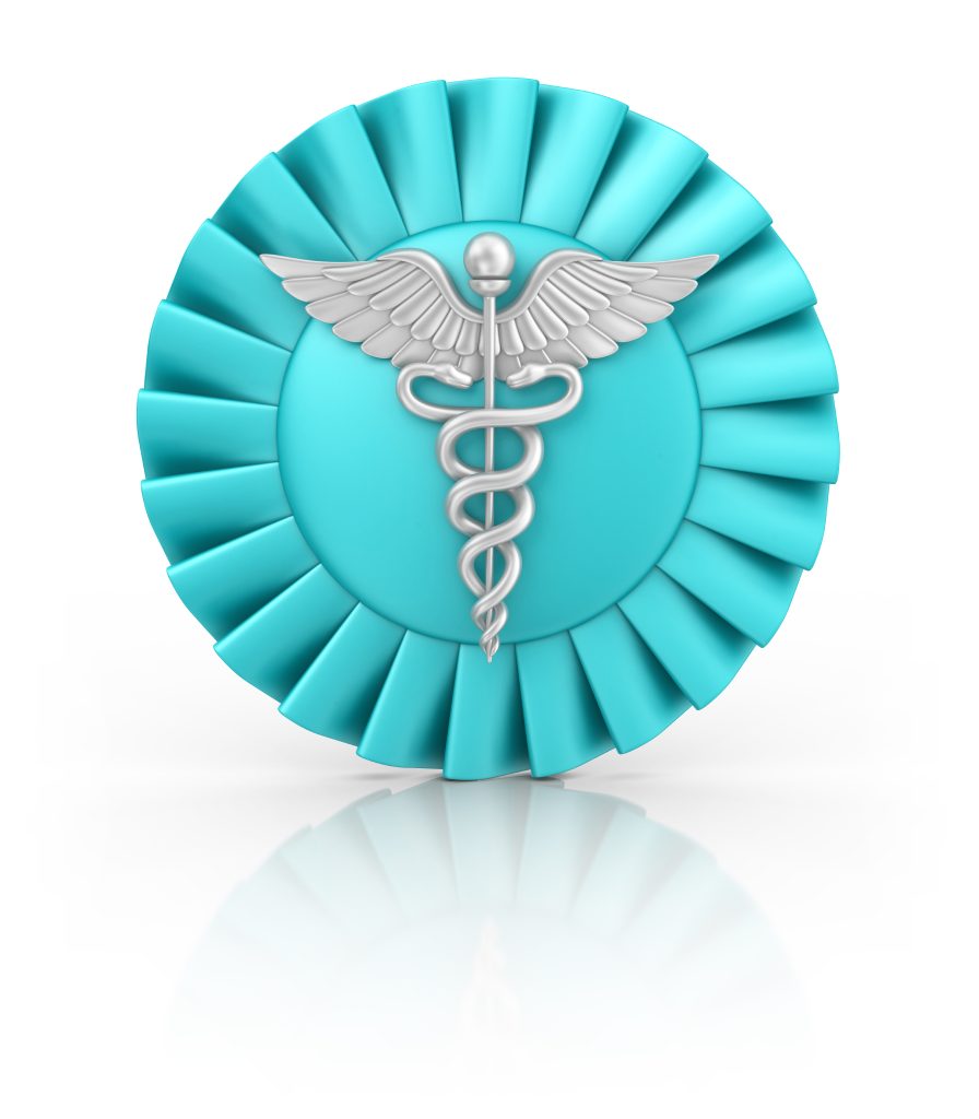 Blue medical emblem with caduceus symbol.