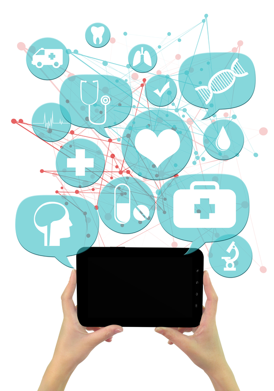 Tablet with medical icons and network connections.