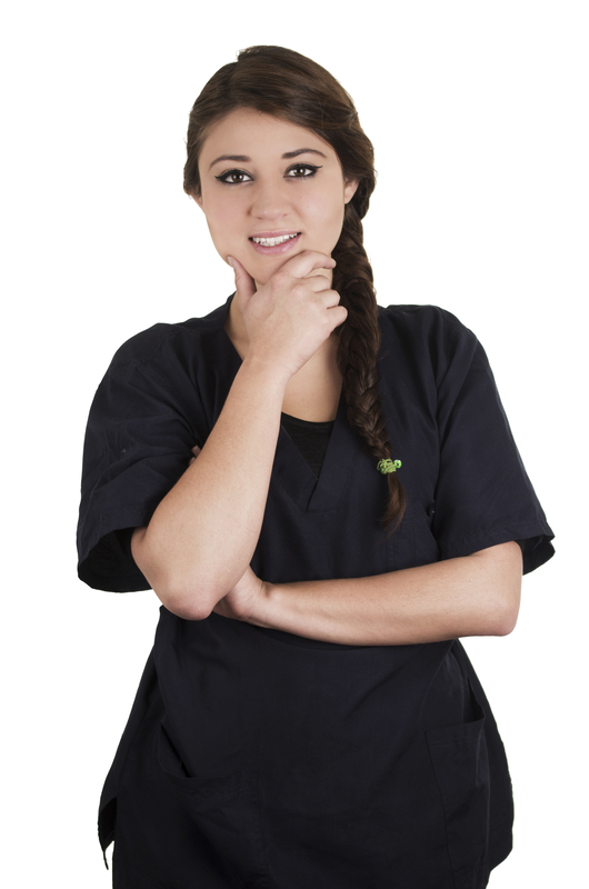 Smiling woman in black uniform, thinking pose.