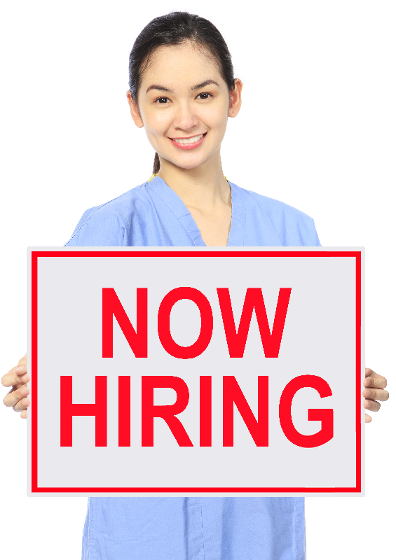 Person holding a "Now Hiring" sign.