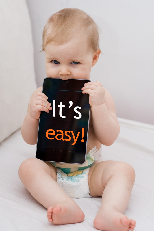 Baby holding tablet with "It's easy!" message.