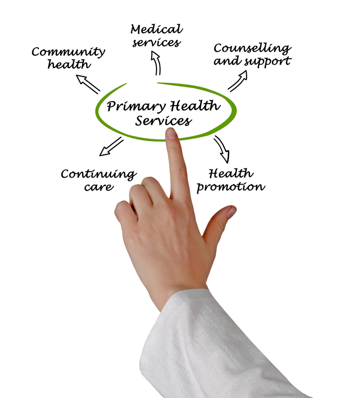 Hand pointing at primary health services diagram.