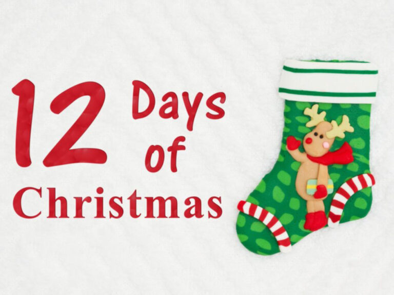 Christmas stocking and "12 Days of Christmas" text.