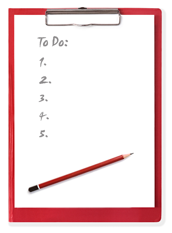 Red clipboard with blank to-do list.