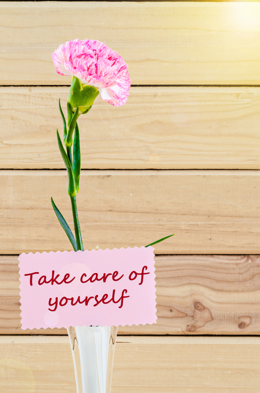 Pink flower with "Take care of yourself" note.