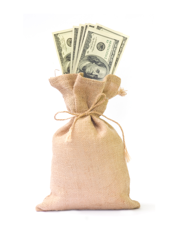 Bag of money with dollar bills inside.