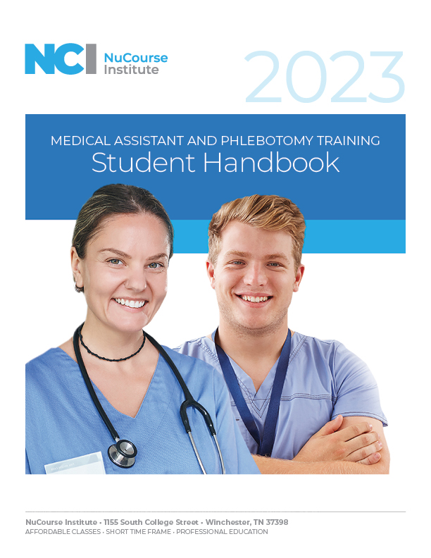 Medical training handbook cover with two people.